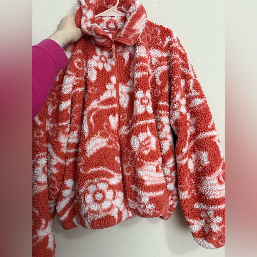 AE Coral and White Floral Sherpa Zip-Up